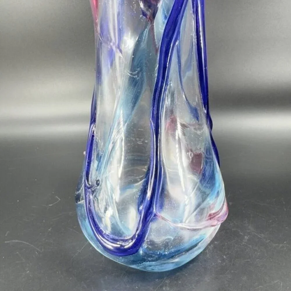 1997 Hand Blown Studio Art Glass Vase‎ Artist Signed JENN Multicolor Threads VTG